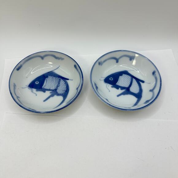 Two 4” Diameter Blue White Hand Painted Koi Fish Small Bowls Dipping Side Sauce - Picture 1 of 6
